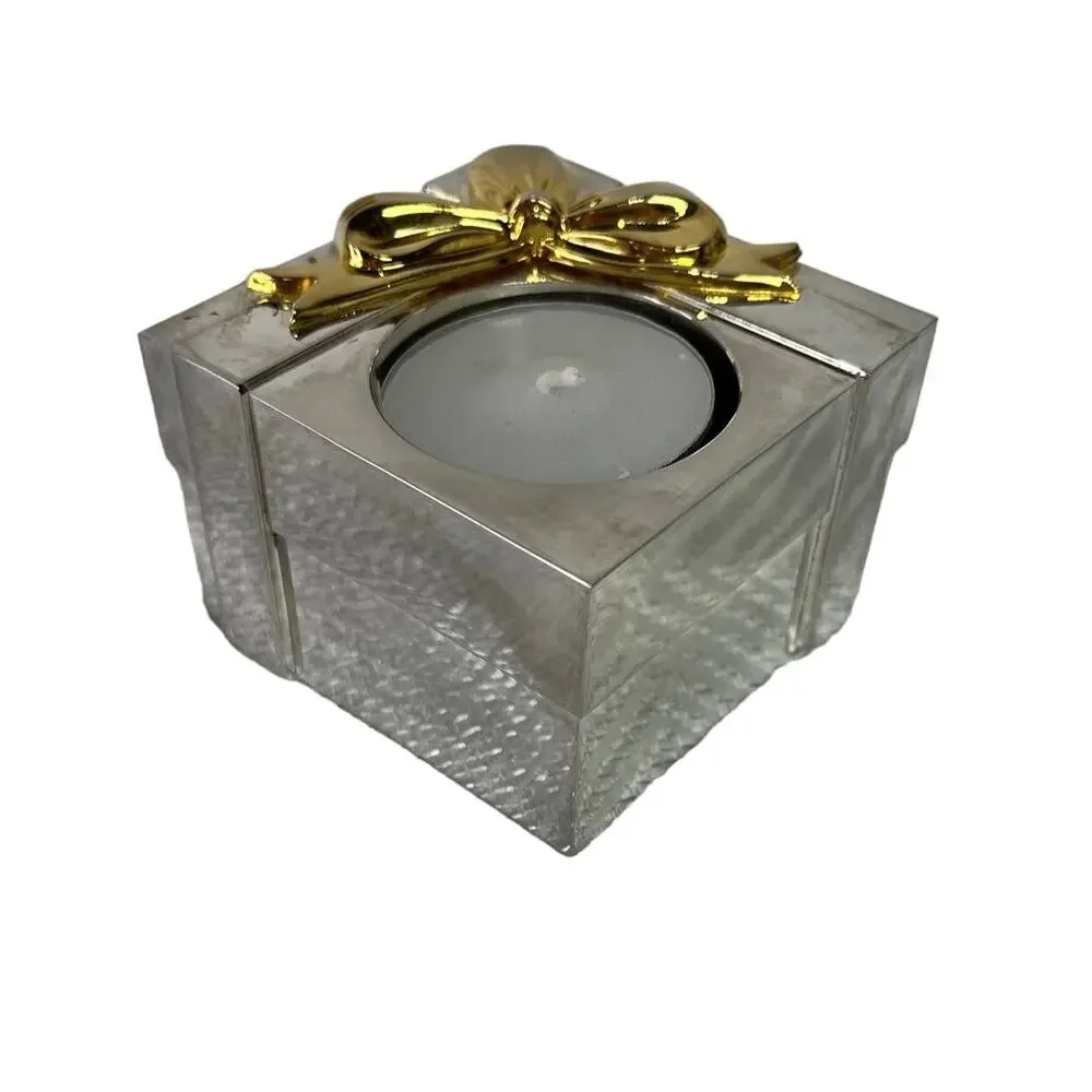 Votive Candle Holder Silver Plated Gift Box Shape Gold Tone Bow Holiday Godinger